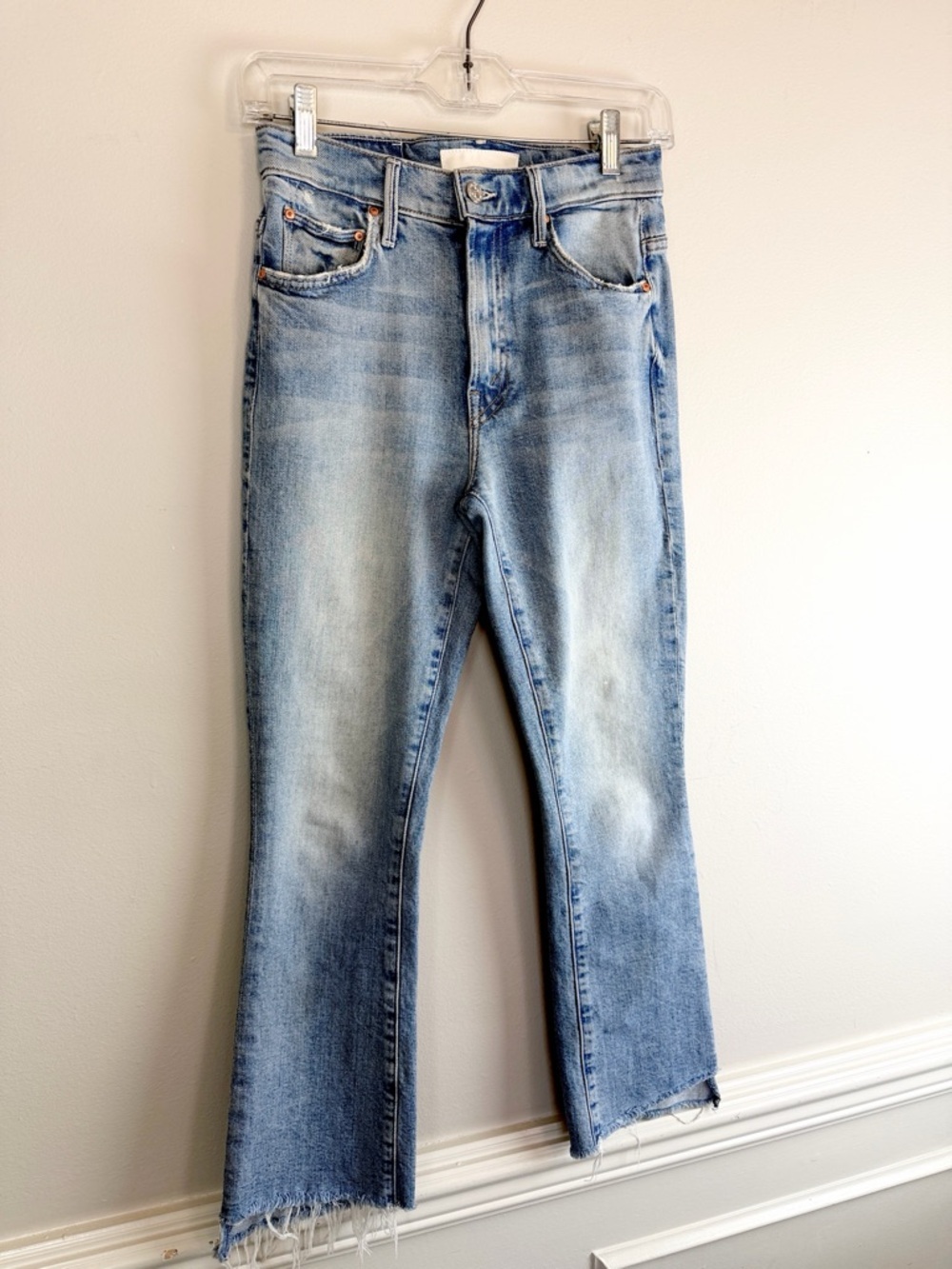 MOTHER The Insider High Rise Crop Step Fray Bootcut Jeans 24 “Out of the Blue”
